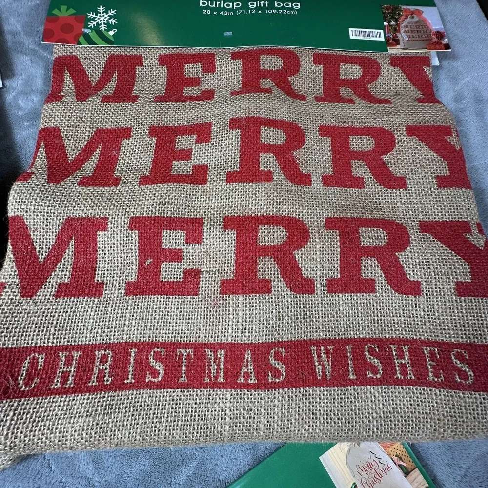 Christmas  Burlap Gift Bags XL Drawstrings 4 Pcs 3 Designs Reusable Santa Deer